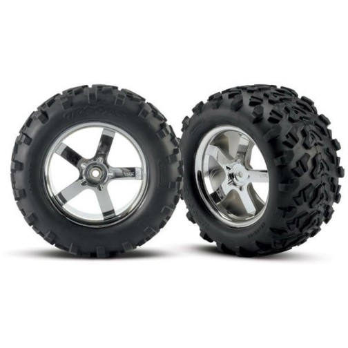 Traxxas 4973R Tires & wheels, assembled, glued (Hurricane chrome wheels, Maxx tires (6.3 outer diameter), foam inserts) (2) (fits Revo/T-Maxx/E-Maxx with 6mm axle and 14mm hex)