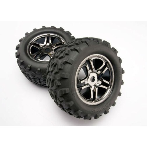 Traxxas 4983A Tires & wheels, assembled, glued (SS (Split Spoke) black chrome wheels, Maxx tires (6.3 outer diameter), foam inserts) (2) (use with 17mm splined wheel hubs & nuts, part #5353X) (fits Revo/T-Maxx/E-Maxx) (TSM rated)