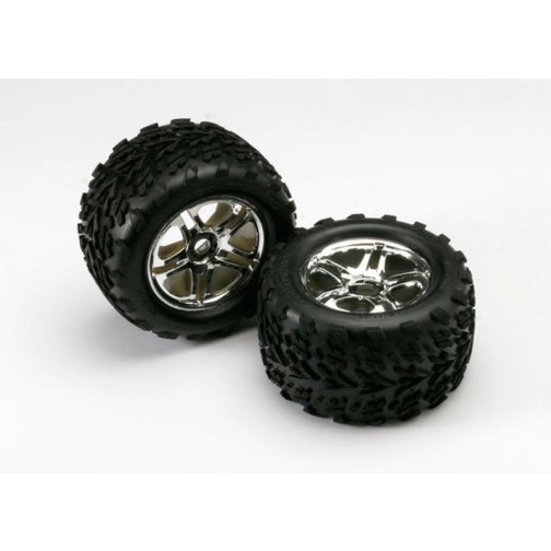 Traxxas 5174R Tires & wheels, assembled, glued (SS (Split Spoke) chrome wheels, Talon tires, foam inserts) (2) (use w/17mm splined wheel hubs & nuts, part #5353X)
