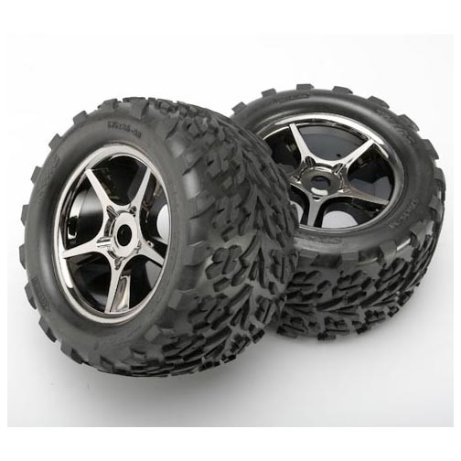 Traxxas 5374X Tires & wheels, assembled, glued (Gemini black chrome wheels, Talon tires, foam inserts) (2) (use with 17mm splined wheel hubs & nuts, part #5353X) (TSM rated)