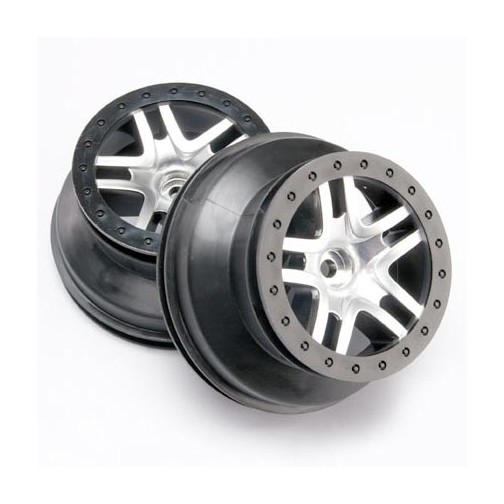 Traxxas 5876 Wheels, SCT Split-Spoke, satin chrome, black beadlock style, dual profile (2.2 outer, 3.0 inner) (2WD front) (2)
