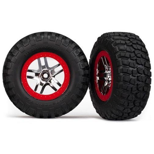 Traxxas 5877R Tires & wheels, assembled, glued (S1 ultra-soft, off-road racing compound) (SCT Split-Spoke chrome, red beadlock style wheels, BFGoodrich Mud-Terrain  T/A KM2 tires) (2) (2WD front)
