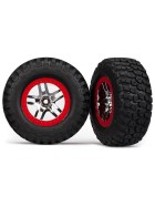 Traxxas 5877R Tires & wheels, assembled, glued (S1 ultra-soft, off-road racing compound) (SCT Split-Spoke chrome, red beadlock style wheels, BFGoodrich Mud-Terrain  T/A KM2 tires) (2) (2WD front)