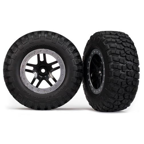 Traxxas 5883 Tires & wheels, assembled, glued (SCT Split-Spoke, black, satin chrome beadlock wheels, BFGoodrich Mud-Terrain  T/A KM2 tire, foam inserts) (2) (4WD f/r, 2WD rear)