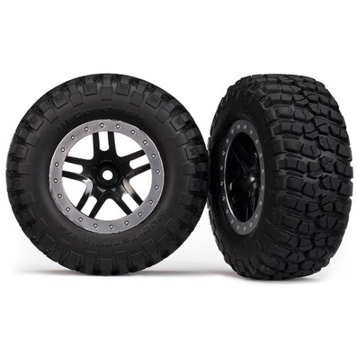 Traxxas 5885 Tires & wheels, assembled, glued (SCT Split-Spoke, black, satin chrome beadlock wheels,  BFGoodrich Mud-Terrain  T/A KM2 tires,  foam inserts) (2) (2WD Front)