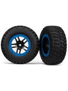Traxxas 5885A Tire & wheel assy, glued (SCT Split-Spoke, black, blue beadlock wheels,  BFGoodrich Mud-Terrain  T/A KM2 tires,  inserts) (2) (2WD Front)