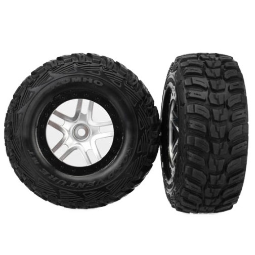 Traxxas 6874R Tires & wheels, assembled, glued (S1 ultra-soft off-road racing compound) (SCT Split-Spoke satin chrome, black beadlock style wheels, Kumho tires, foam inserts) (2) (4WD front/rear, 2WD rear only)