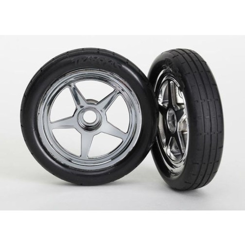 Traxxas 6975 Tires & wheels, assembled, glued (5-spoke chrome wheels, tires, foam inserts) (front) (2)