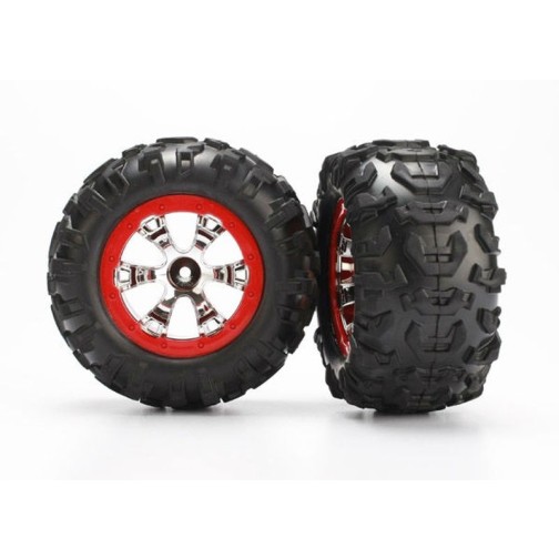 Traxxas 7272 Tires and wheels, assembled, glued (Geode chrome, red beadlock style wheels, Canyon AT tires, foam inserts) (1 left, 1 right) 