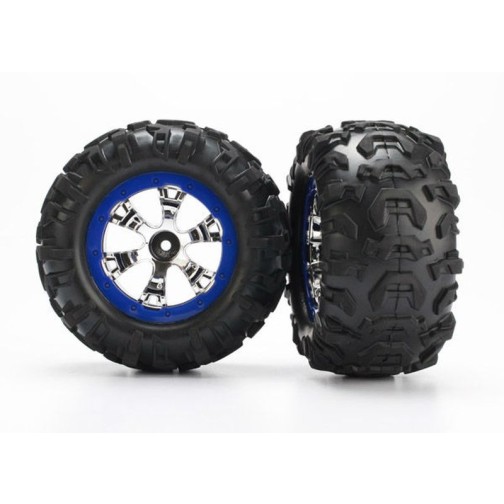 Traxxas 7274 Tires and wheels, assembled, glued (Geode chrome, blue beadlock style wheels, Canyon AT tires, foam inserts) (1 left, 1 right)