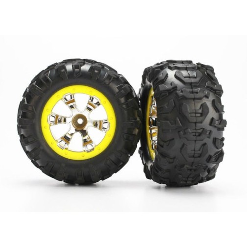 Traxxas 7276 Tires and wheels, assembled, glued (Geode chrome, yellow beadlock style wheels, Canyon AT tires, foam inserts)(1 left, 1 right)
