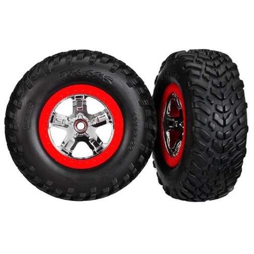Traxxas 5887 Tires & wheels, assembled, glued (SCT chrome wheels, red beadlock style, dual profile (2.2 outer, 3.0 inner), SCT off-road racing tires, foam inserts) (2) (4WD f/r, 2WD rear) (TSM rated)