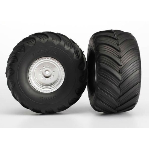 Traxxas 3665 Tires & wheels, assembled, glued (satin chrome wheels, Terra Groove dual profile tires, foam inserts) (nitro rear/ electric front) (2)