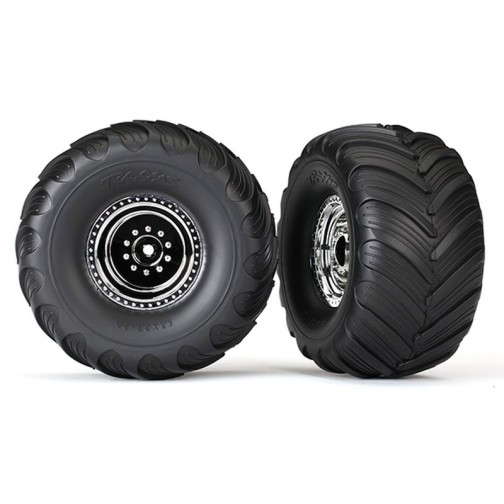 Traxxas 3665X Tires & wheels, assembled, glued (chrome wheels, Terra Groove dual profile tires, foam inserts) (nitro rear/ electric front) (2)