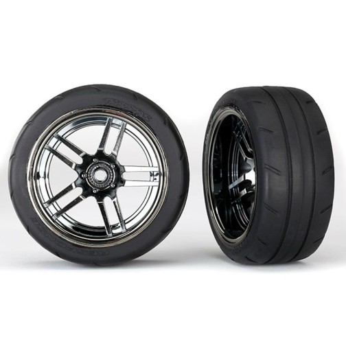 Traxxas 8374 Tires and wheels, assembled, glued (split-spoke black chrome wheels, 1.9 Response tires) (extra wide, rear) (2)