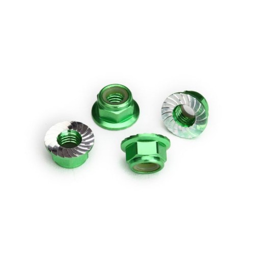 Traxxas 8447G Nuts, 5mm flanged nylon locking (aluminum, green-anodized, serrated) (4)