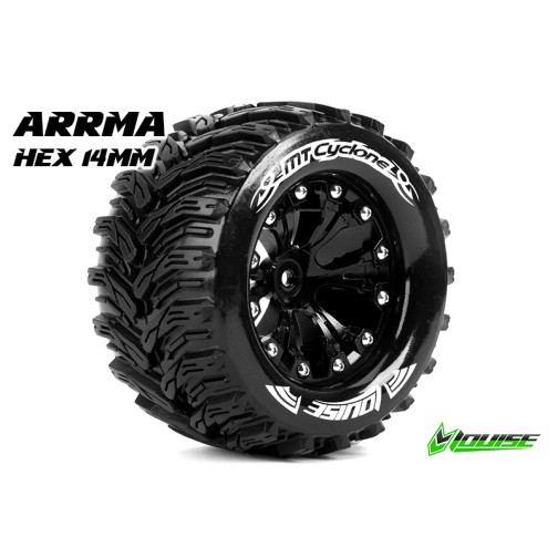 Louise Complete Wheel MT-Cyclone Monster Truck Tyres Soft on 2.8 Rims Black Hex 14mm for Arrma 4X4 1:10 Front/Rear (2)