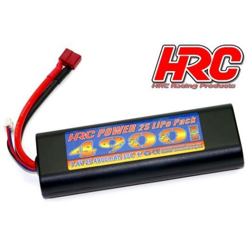 HRC Racing Battery - LiPo 2S - 7.4V 4900mAh 30C - RC Car - HRC 4900 - Rounded Hard Case - Ultra T Plug