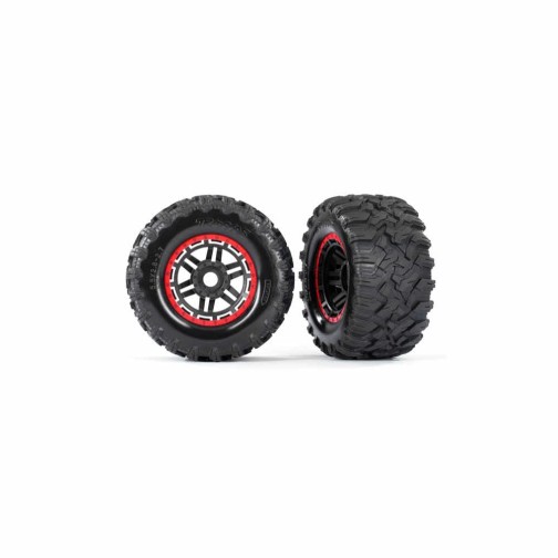 Traxxas 8972R Tires & wheels, assembled, glued (black, red beadlock style wheels, Maxx MT tires, foam inserts) (2) (17mm splined) (TSM rated)