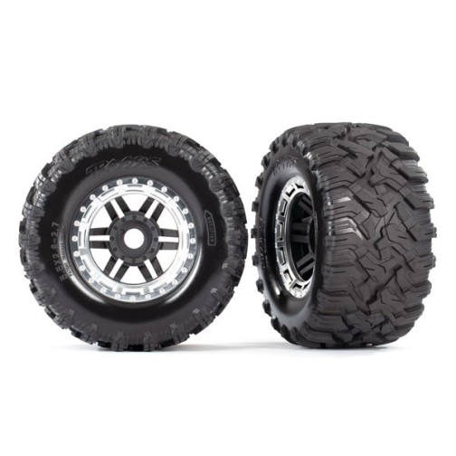 Traxxas 8972X Tires & wheels, assembled, glued (black, satin chrome beadlock style wheels, Maxx MT tires, foam inserts) (2) (17mm splined) (TSM rated)