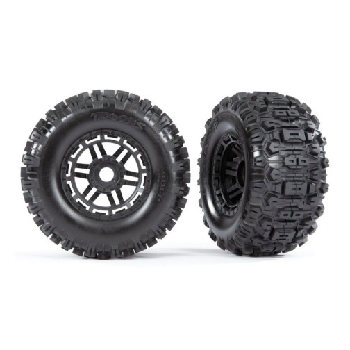 Traxxas 8973 Tires & wheels, assembled, glued (black wheels, dual profile (2.8 outer, 3.6 inner), Sledgehammer tires, foam inserts) (2) (17mm splined) (TSM rated)