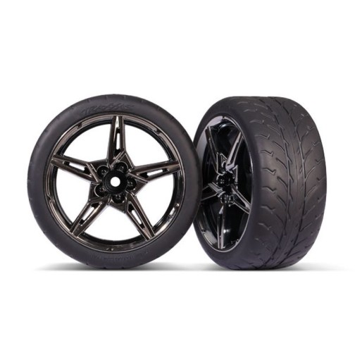 Traxxas 9371 Tires and wheels, assembled, glued (split-spoke black chrome wheels, 2.1 Response tires) (extra wide, rear) (2)