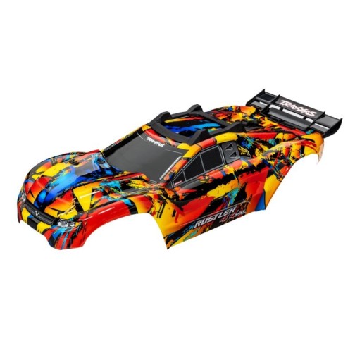 Traxxas 6718R Body, Rustler 4x4 VXL, Solar Flare (painted, decals applied) (assembled with front & rear body mounts and rear body support for clipless mounting)