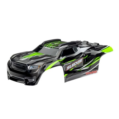Traxxas 9511G Body, Sledge, green/ window, grille, lights decal sheet (assembled with front & rear body mounts and rear body support for clipless mounting)