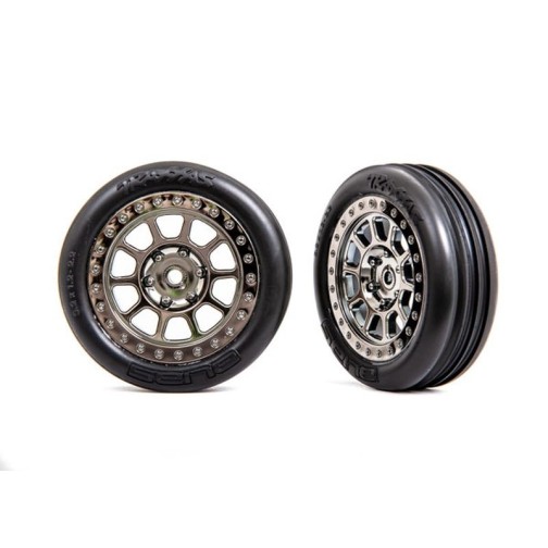 Traxxas 2471T Tires & wheels, assembled (2.2 black chrome wheels, Alias ribbed 2.2 tires) (2) (Bandit front, medium compound w/ foam inserts)