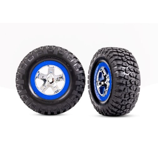 Traxxas 5867A Tires & wheels, assembled, glued (SCT chrome, blue beadlock style wheels, BFGoodrich Mud-Terrain T/A KM2 tires, foam inserts) (2) (4WD front/rear, 2WD rear only)