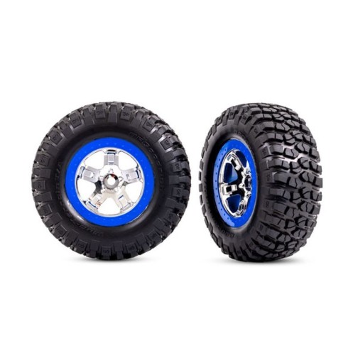 Traxxas 5869A Tires & wheels, assembled, glued (SCT chrome, blue beadlock style wheels, BFGoodrich Mud-Terrain T/A KM2 tires, foam inserts) (2) (2WD front)