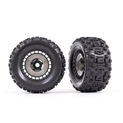 Traxxas 9572 Tires & wheels, assembled, glued (3.8 black wheels, gray wheel covers, Sledgehammer tires, foam inserts) (2)
