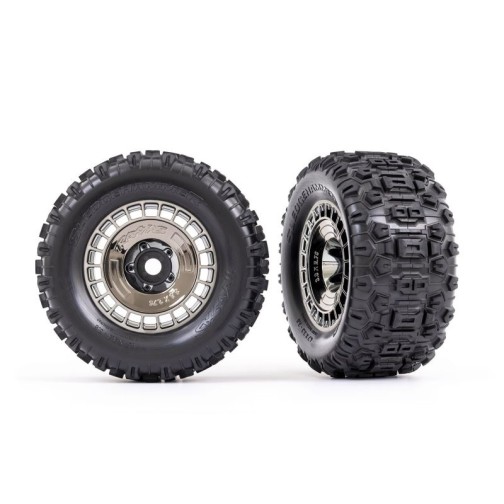 Traxxas 9572T Tires & wheels, assembled, glued (3.8 black chrome wheels, black chrome wheel covers, Sledgehammer tires, foam inserts) (2)