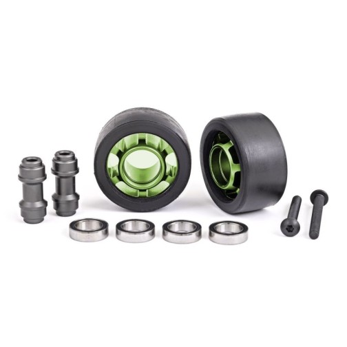 Wheels, wheelie bar, 6061-T6 aluminum (green-anodized) (2)/ axle, wheelie bar, 6061-T6 aluminum (2)/ 10x15x4 ball bearings (4)