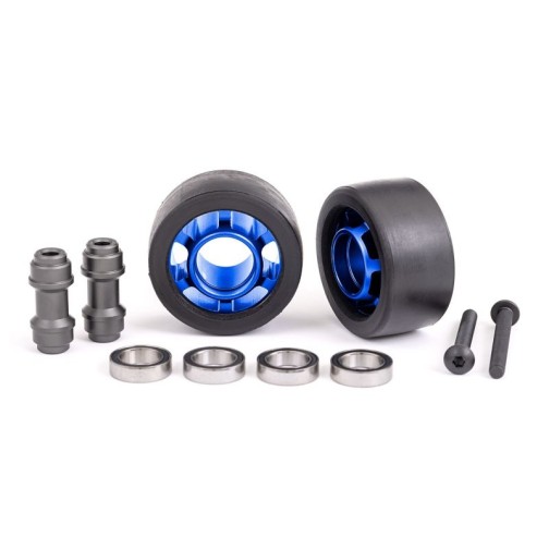 Wheels, wheelie bar, 6061-T6 aluminum (blue-anodized) (2)/ axle, wheelie bar, 6061-T6 aluminum (2)/ 10x15x4 ball bearings (4)