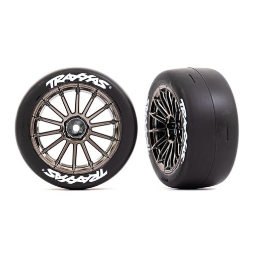 Traxxas 9374R Tires & wheels, assembled, glued (multi-spoke black chrome wheels, 2.0 slick tires with Traxxas logo, foam inserts) (front) (2) (VXL rated)