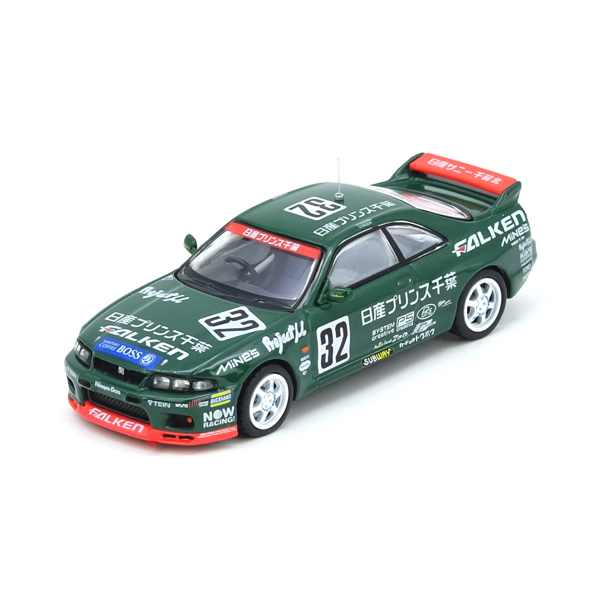 Inno Models Nissan Skyline GT-R R33 #32 *Prince Chiba Falken* N1 Super Endurance Series, Tokachi 24h 1996, green/white/red 1:64