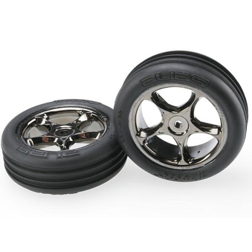 Traxxas 2471A Tires & wheels, assembled (Tracer 2.2 black chrome wheels, Alias ribbed 2.2 tires) (2) (Bandit front, medium compound w/ foam inserts)