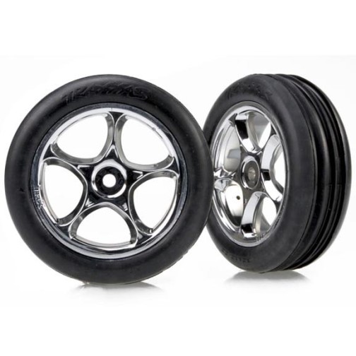 Traxxas 2471R Tires & wheels, assembled (Tracer 2.2 chrome wheels, Alias ribbed 2.2 tires) (2) (Bandit front, soft compound w/ foam inserts)